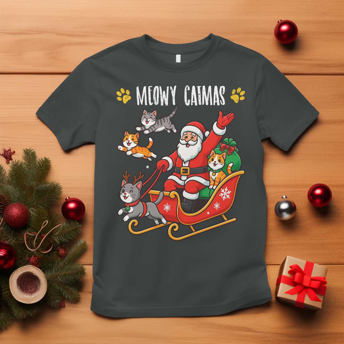 Funny Christmas Cat T Shirt Meowy Catmas Santa Sleigh Xmas TS12 Dark Heather Print Your Wear