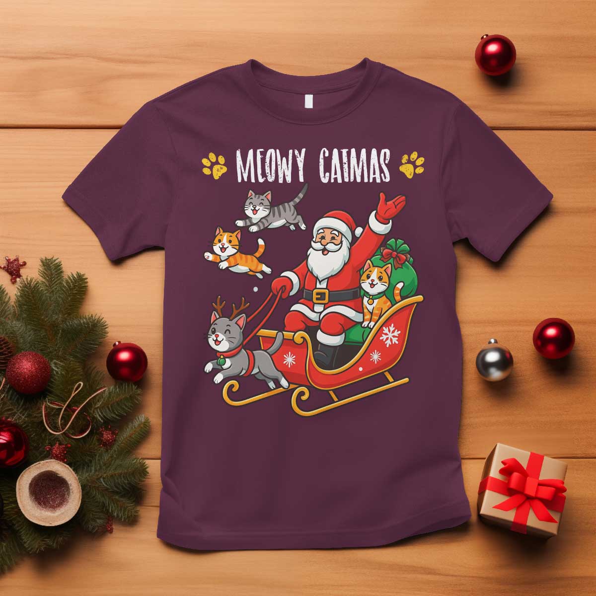 Funny Christmas Cat T Shirt Meowy Catmas Santa Sleigh Xmas TS12 Maroon Print Your Wear
