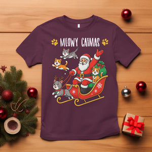 Funny Christmas Cat T Shirt Meowy Catmas Santa Sleigh Xmas TS12 Maroon Print Your Wear