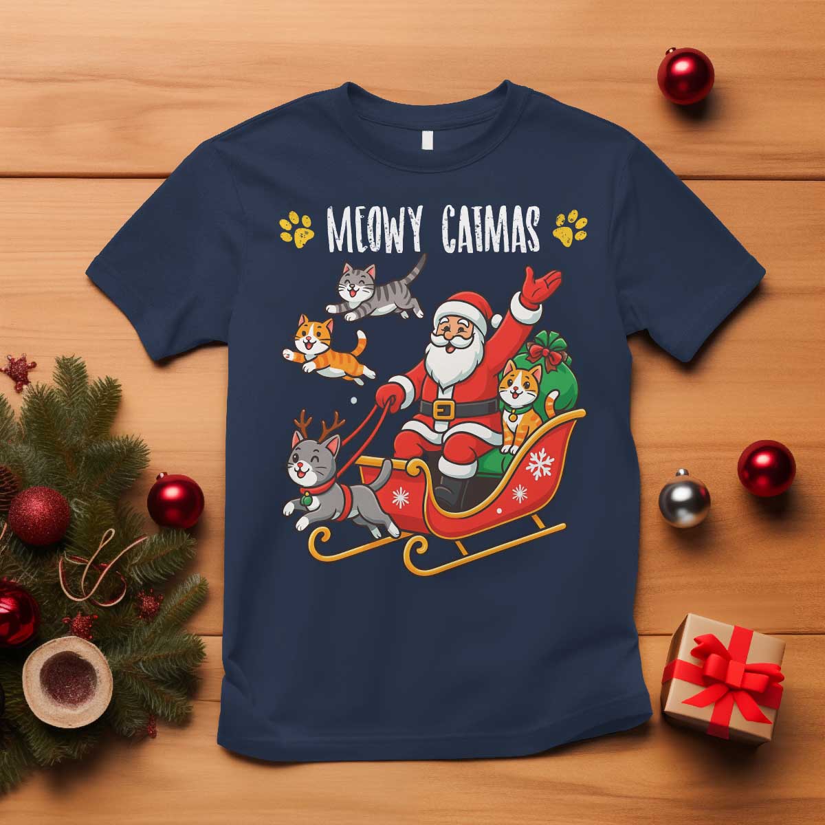 Funny Christmas Cat T Shirt Meowy Catmas Santa Sleigh Xmas TS12 Navy Print Your Wear