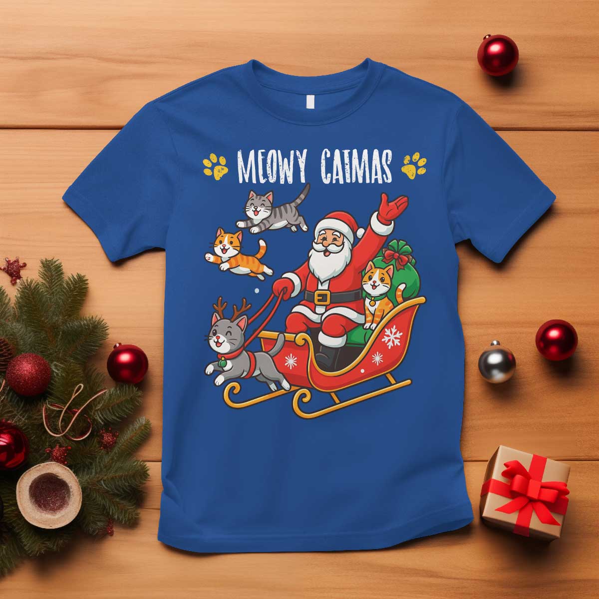Funny Christmas Cat T Shirt Meowy Catmas Santa Sleigh Xmas TS12 Royal Blue Print Your Wear
