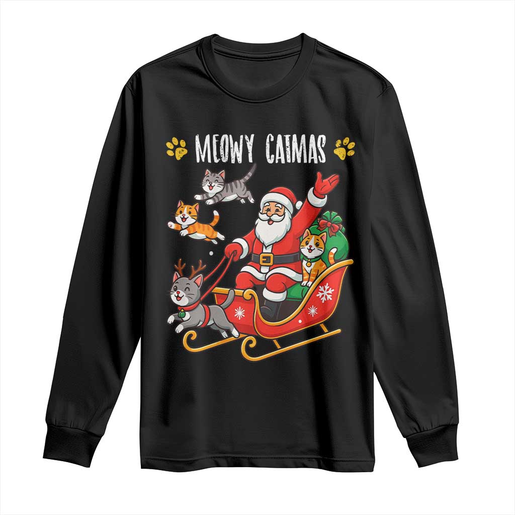 Funny Christmas Cat Long Sleeve Shirt Meowy Catmas Santa Sleigh Xmas TS12 Black Print Your Wear