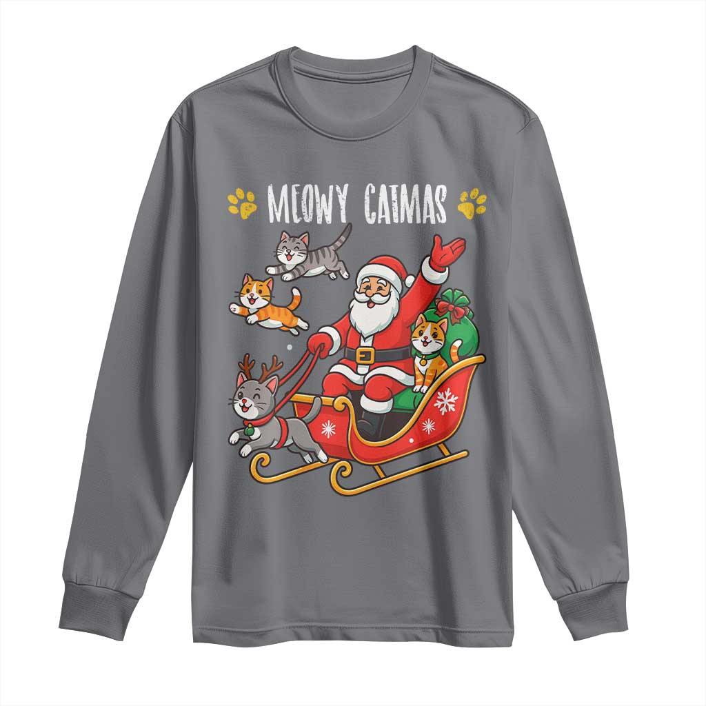 Funny Christmas Cat Long Sleeve Shirt Meowy Catmas Santa Sleigh Xmas TS12 Charcoal Print Your Wear