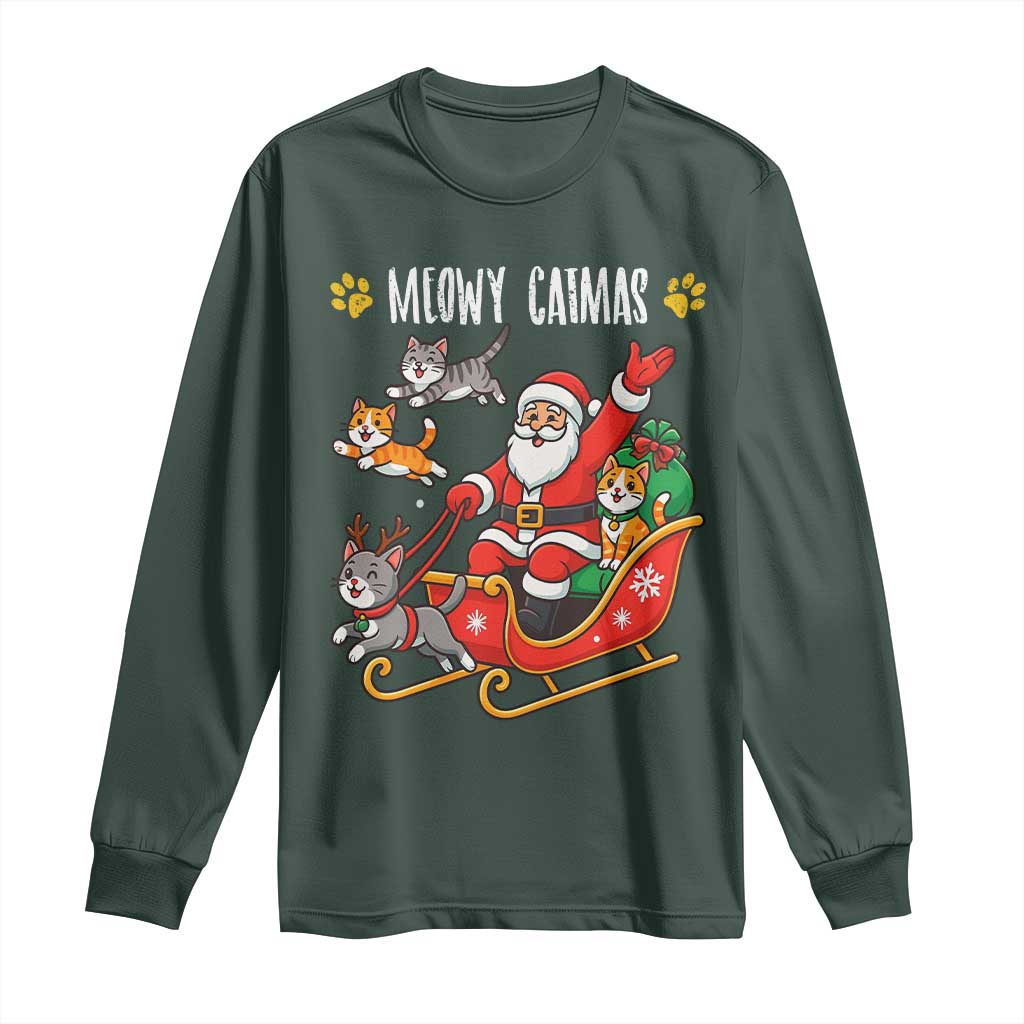 Funny Christmas Cat Long Sleeve Shirt Meowy Catmas Santa Sleigh Xmas TS12 Dark Forest Green Print Your Wear
