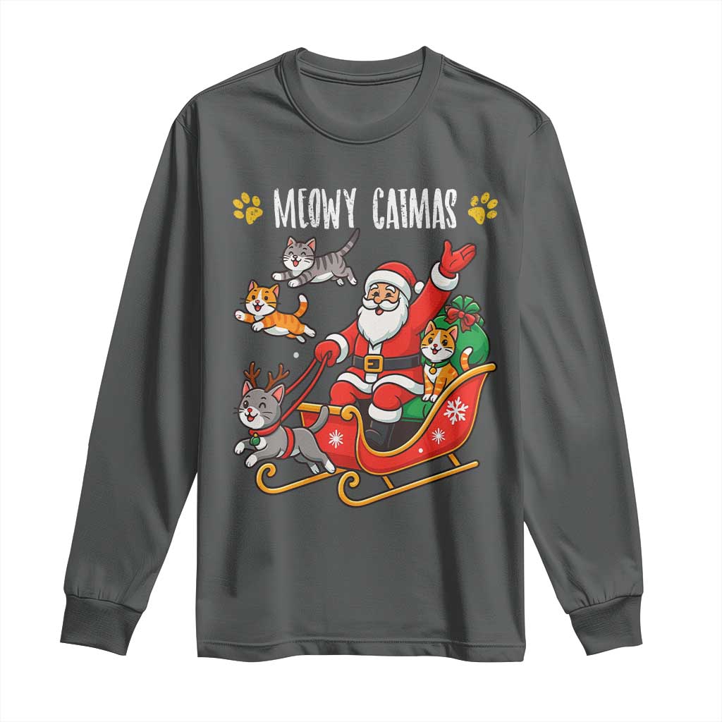 Funny Christmas Cat Long Sleeve Shirt Meowy Catmas Santa Sleigh Xmas TS12 Dark Heather Print Your Wear