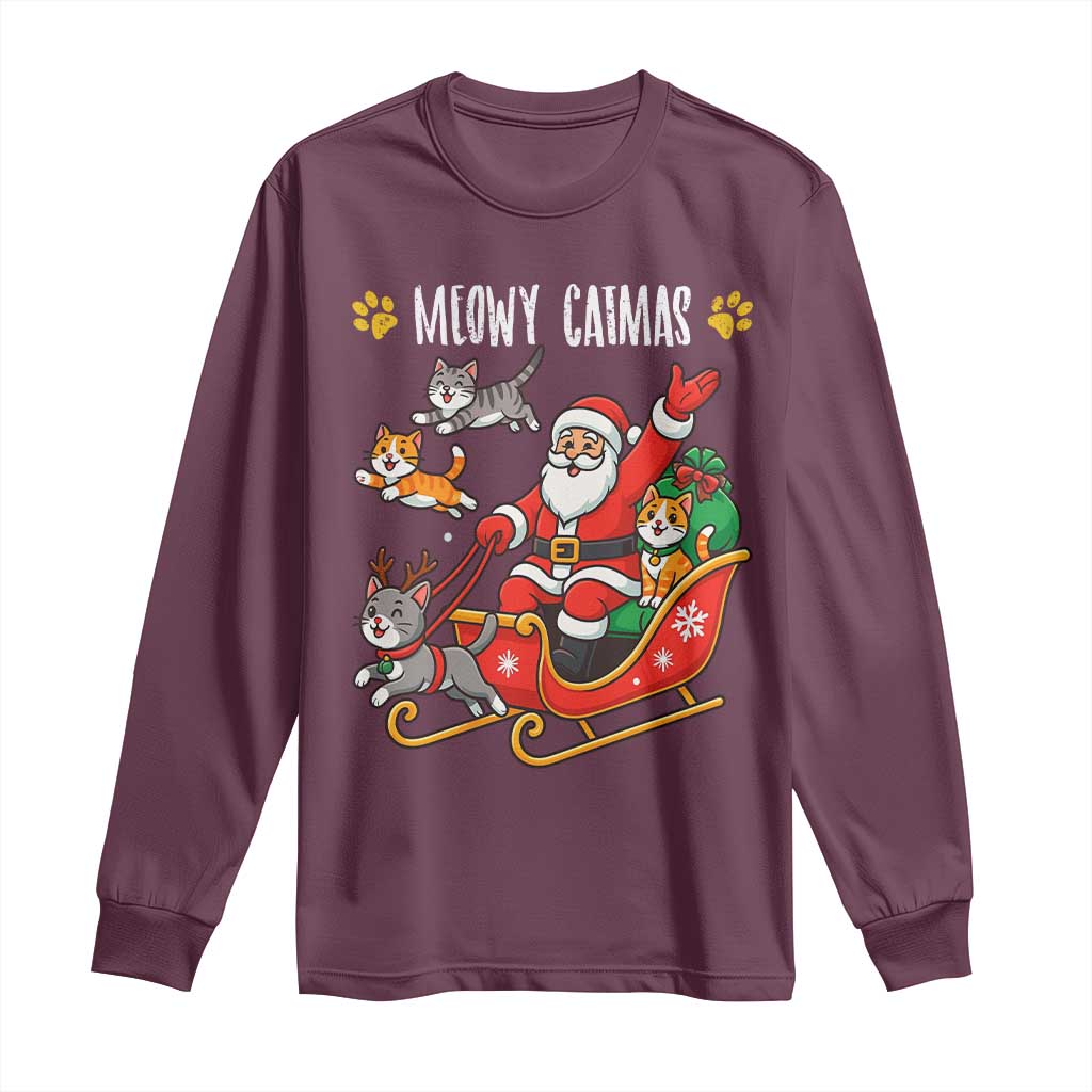Funny Christmas Cat Long Sleeve Shirt Meowy Catmas Santa Sleigh Xmas TS12 Maroon Print Your Wear