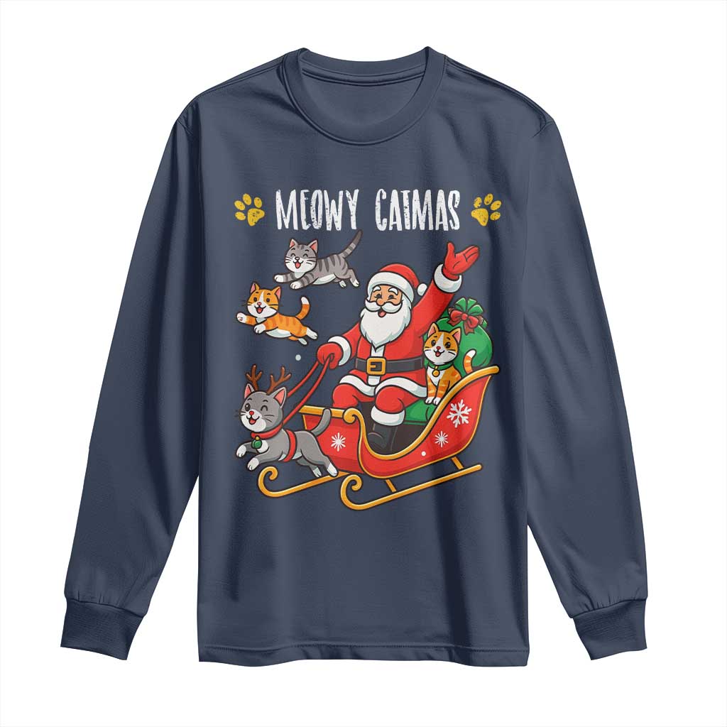 Funny Christmas Cat Long Sleeve Shirt Meowy Catmas Santa Sleigh Xmas TS12 Navy Print Your Wear