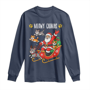 Funny Christmas Cat Long Sleeve Shirt Meowy Catmas Santa Sleigh Xmas TS12 Navy Print Your Wear