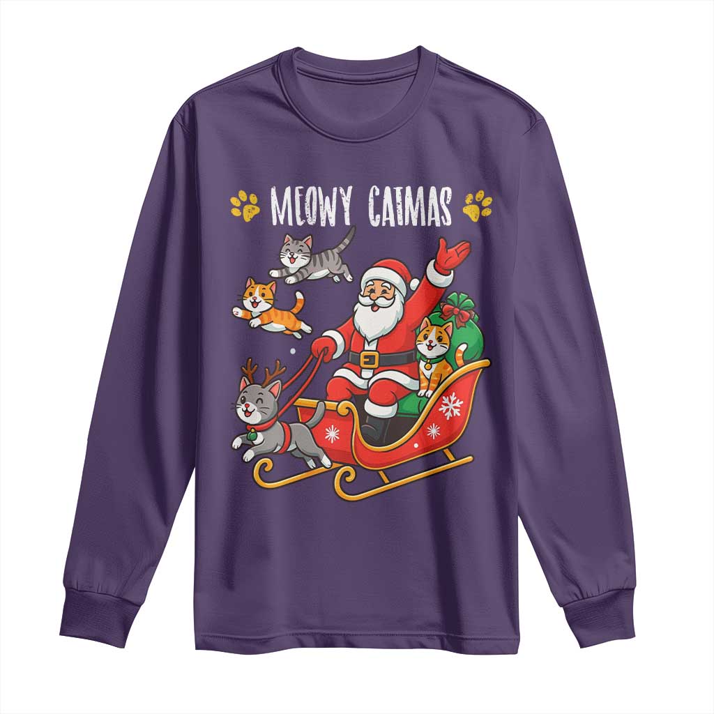 Funny Christmas Cat Long Sleeve Shirt Meowy Catmas Santa Sleigh Xmas TS12 Purple Print Your Wear