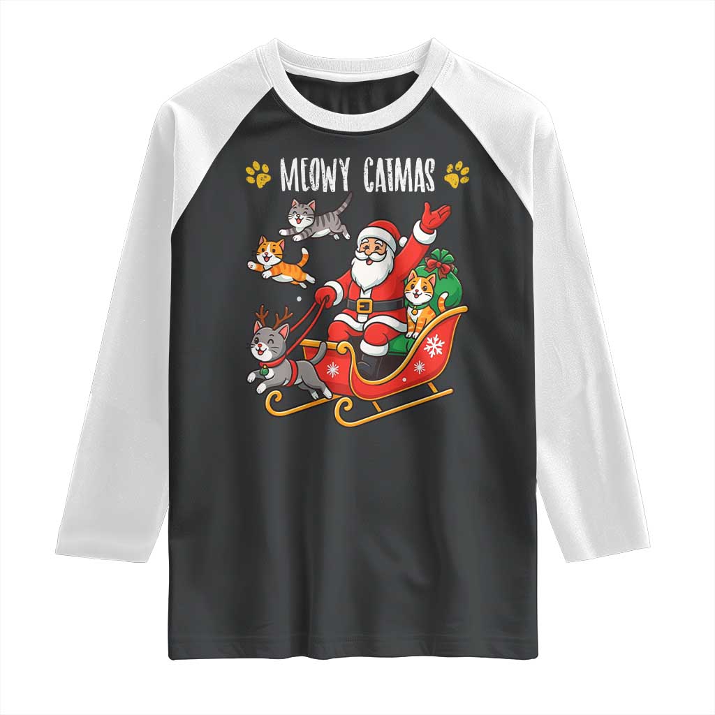 Funny Christmas Cat Raglan Shirt Meowy Catmas Santa Sleigh Xmas TS12 Black White Print Your Wear