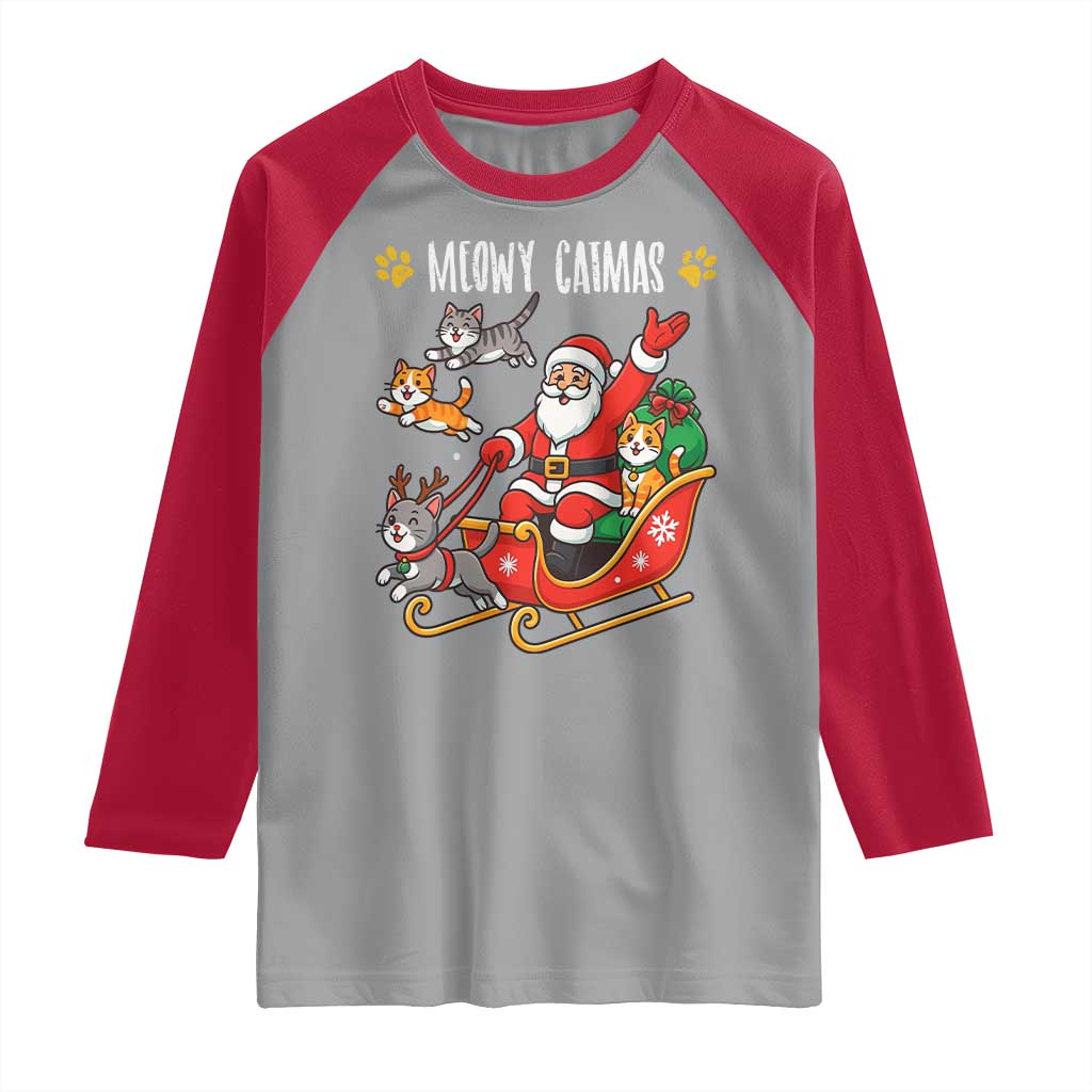 Funny Christmas Cat Raglan Shirt Meowy Catmas Santa Sleigh Xmas TS12 Sport Gray Red Print Your Wear