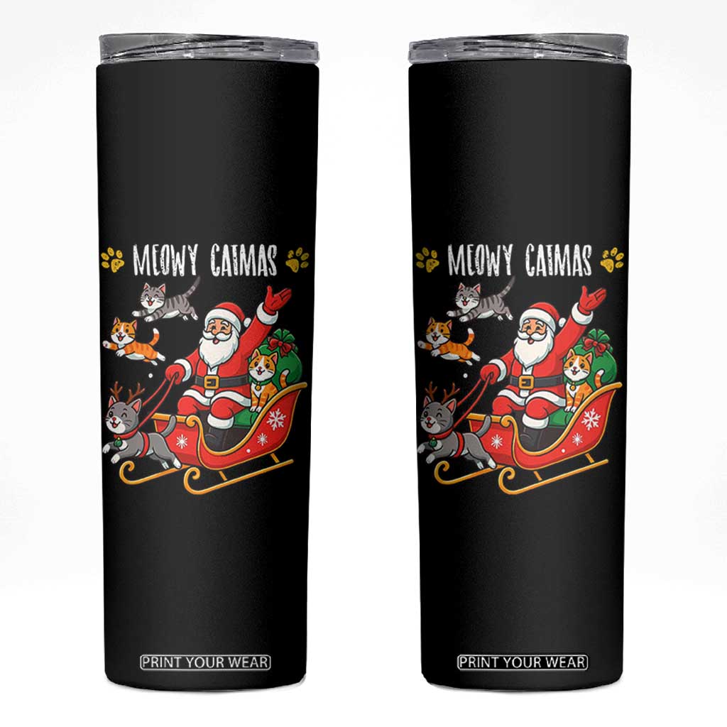Funny Christmas Cat Skinny Tumbler Meowy Catmas Santa Sleigh Xmas TS12 Black Print Your Wear