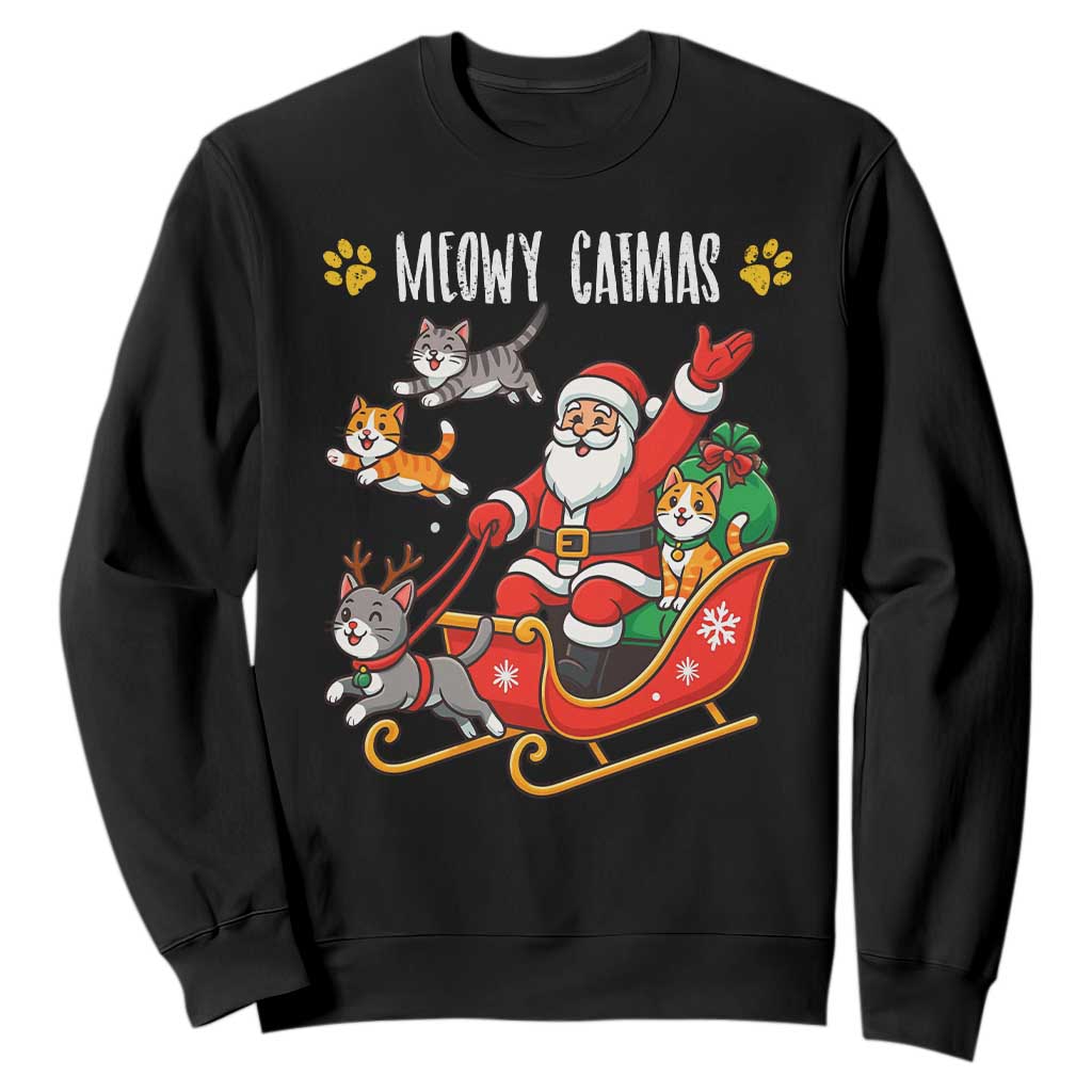 Funny Christmas Cat Sweatshirt Meowy Catmas Santa Sleigh Xmas TS12 Black Print Your Wear