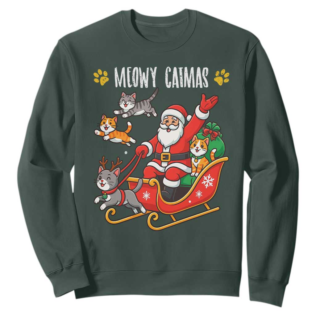 Funny Christmas Cat Sweatshirt Meowy Catmas Santa Sleigh Xmas TS12 Dark Forest Green Print Your Wear