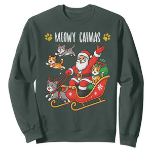 Funny Christmas Cat Sweatshirt Meowy Catmas Santa Sleigh Xmas TS12 Dark Forest Green Print Your Wear