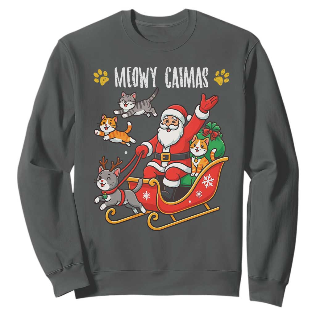 Funny Christmas Cat Sweatshirt Meowy Catmas Santa Sleigh Xmas TS12 Dark Heather Print Your Wear
