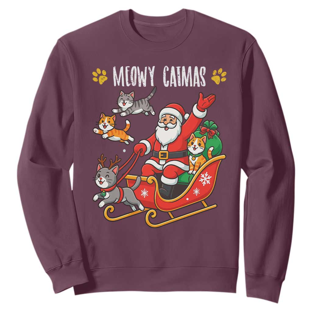 Funny Christmas Cat Sweatshirt Meowy Catmas Santa Sleigh Xmas TS12 Maroon Print Your Wear