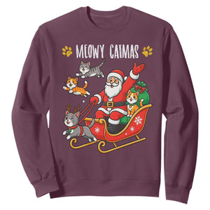 Funny Christmas Cat Sweatshirt Meowy Catmas Santa Sleigh Xmas TS12 Maroon Print Your Wear