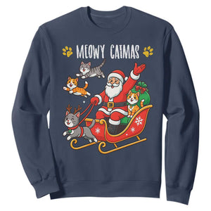 Funny Christmas Cat Sweatshirt Meowy Catmas Santa Sleigh Xmas TS12 Navy Print Your Wear