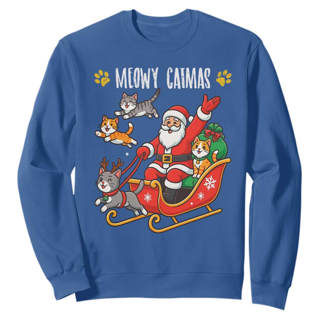 Funny Christmas Cat Sweatshirt Meowy Catmas Santa Sleigh Xmas TS12 Royal Blue Print Your Wear