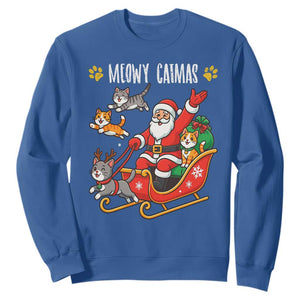 Funny Christmas Cat Sweatshirt Meowy Catmas Santa Sleigh Xmas TS12 Royal Blue Print Your Wear