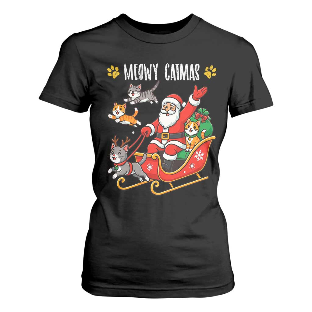 Funny Christmas Cat T Shirt For Women Meowy Catmas Santa Sleigh Xmas TS12 Black Print Your Wear
