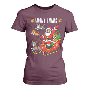 Funny Christmas Cat T Shirt For Women Meowy Catmas Santa Sleigh Xmas TS12 Maroon Print Your Wear