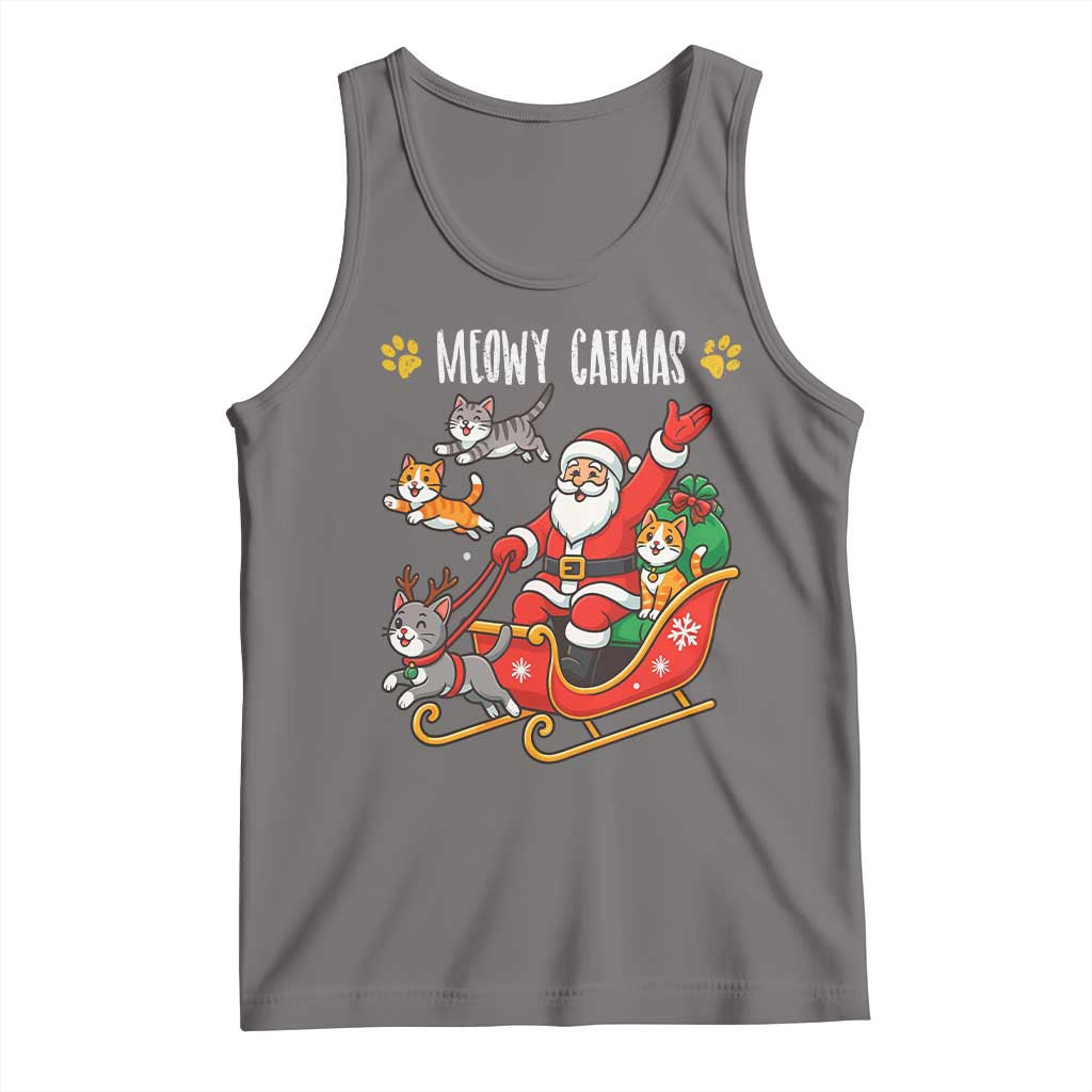 Funny Christmas Cat Tank Top Meowy Catmas Santa Sleigh Xmas TS12 Deep Heather Print Your Wear