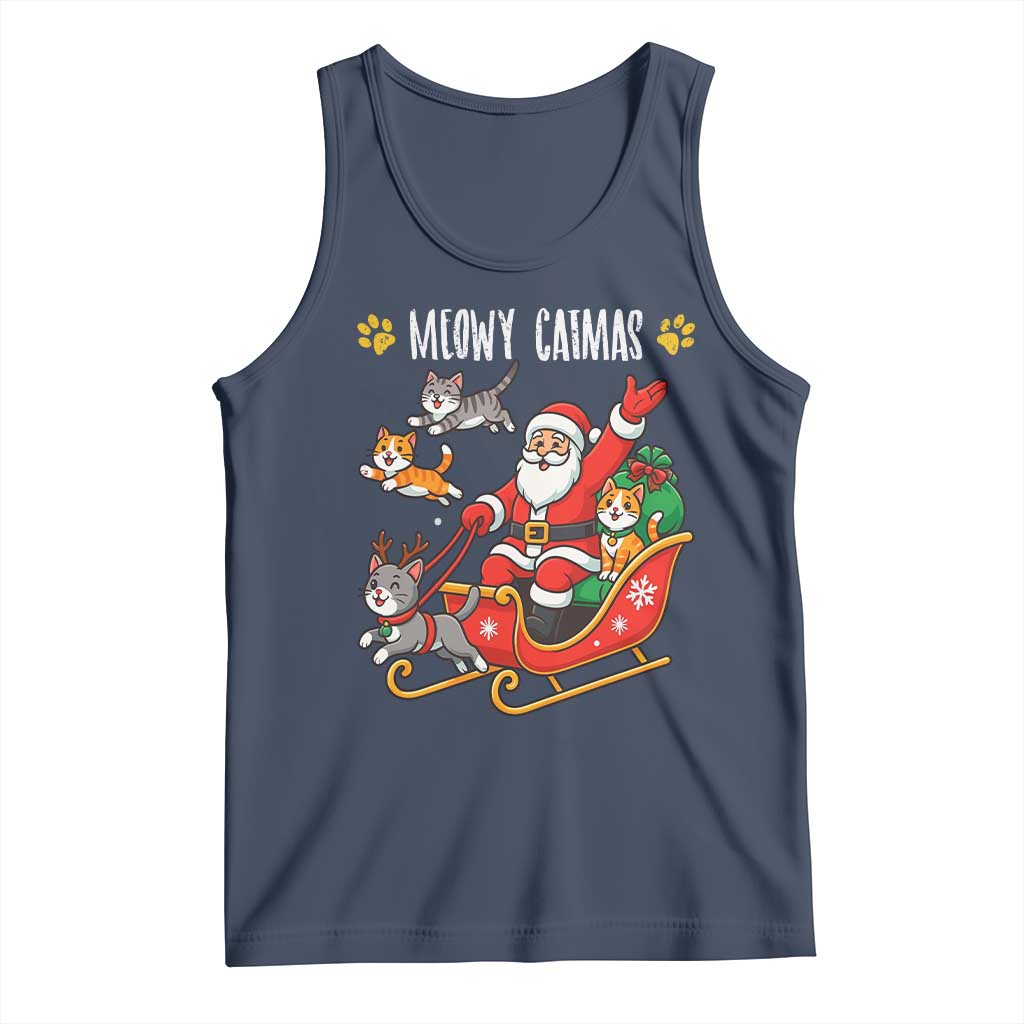 Funny Christmas Cat Tank Top Meowy Catmas Santa Sleigh Xmas TS12 Navy Print Your Wear