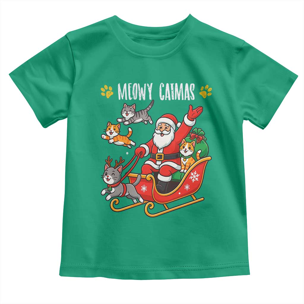 Funny Christmas Cat Toddler T Shirt Meowy Catmas Santa Sleigh Xmas TS12 Irish Green Print Your Wear