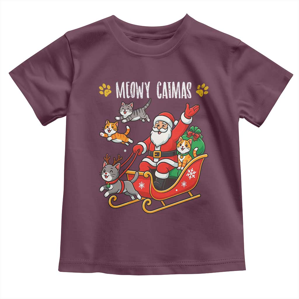 Funny Christmas Cat Toddler T Shirt Meowy Catmas Santa Sleigh Xmas TS12 Maroon Print Your Wear