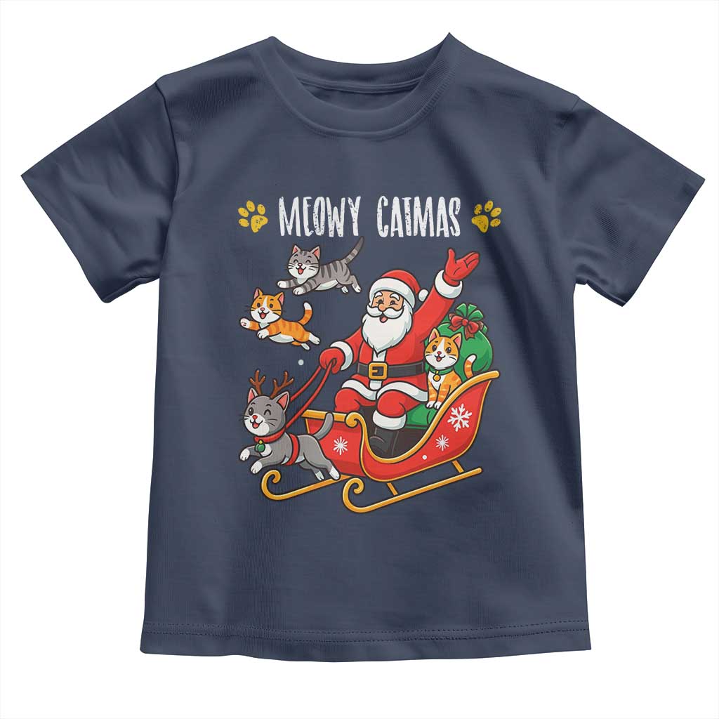 Funny Christmas Cat Toddler T Shirt Meowy Catmas Santa Sleigh Xmas TS12 Navy Print Your Wear