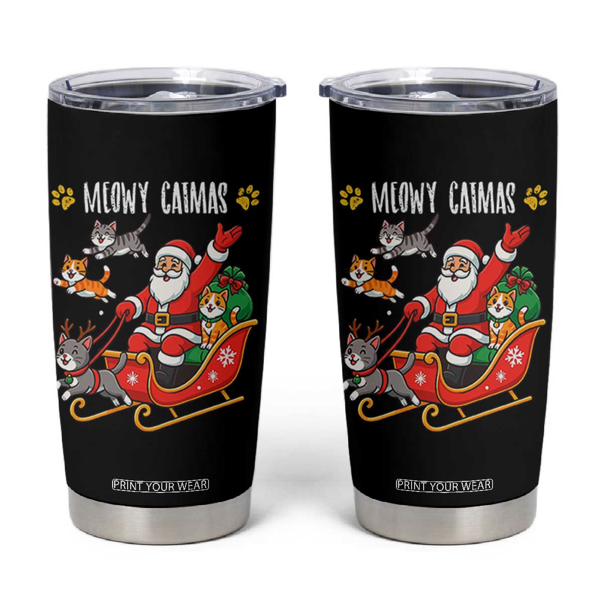 Funny Christmas Cat Tumbler Cup Meowy Catmas Santa Sleigh Xmas TS12 Black Print Your Wear