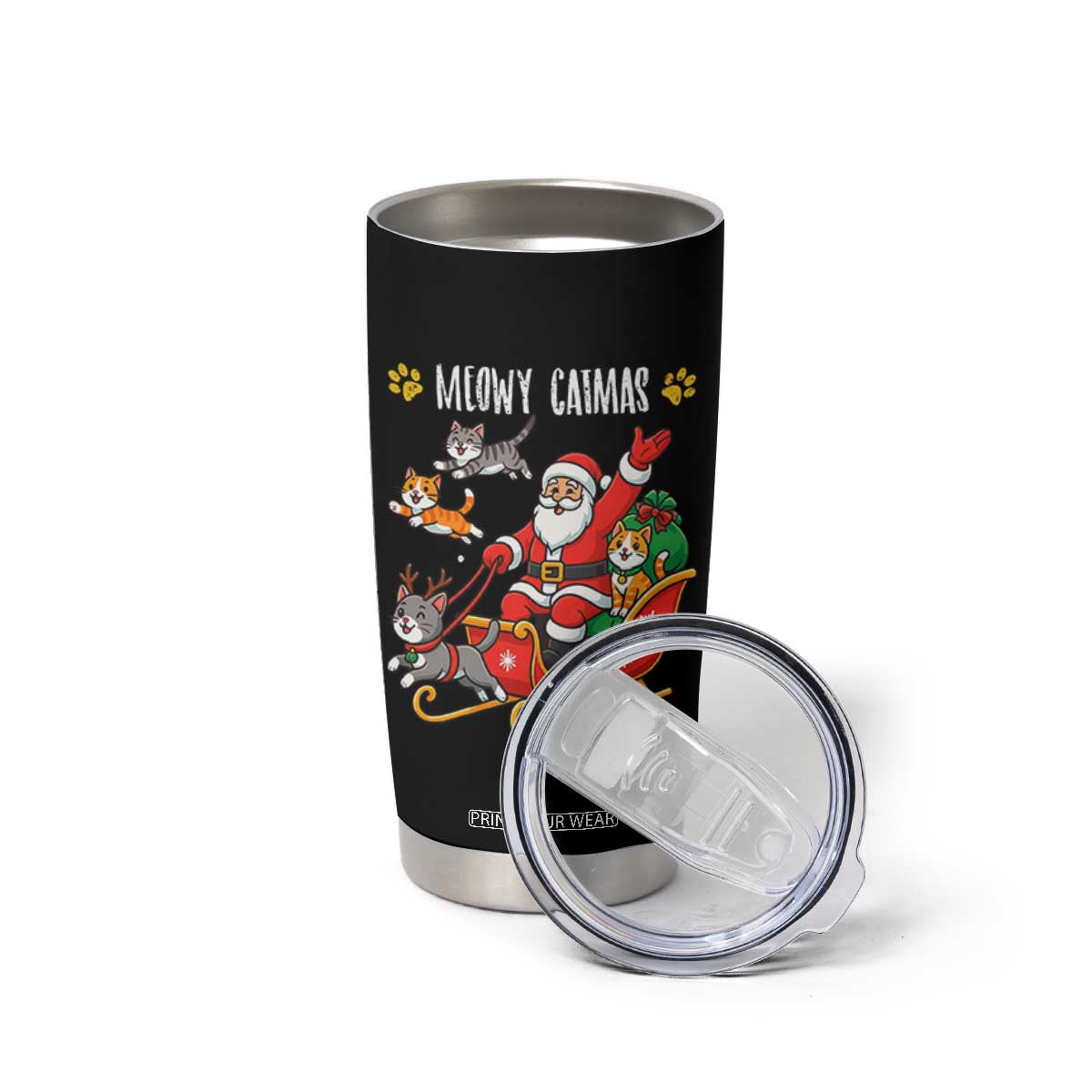 Funny Christmas Cat Tumbler Cup Meowy Catmas Santa Sleigh Xmas TS12 Print Your Wear