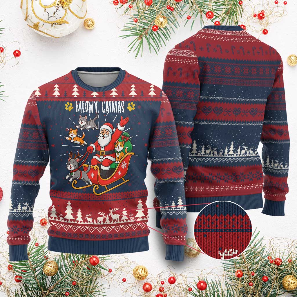 Funny Xmas Cat Ugly Christmas Sweater Meowy Catmas Santa Sleigh Xmas TS12 Burgundy Print Your Wear