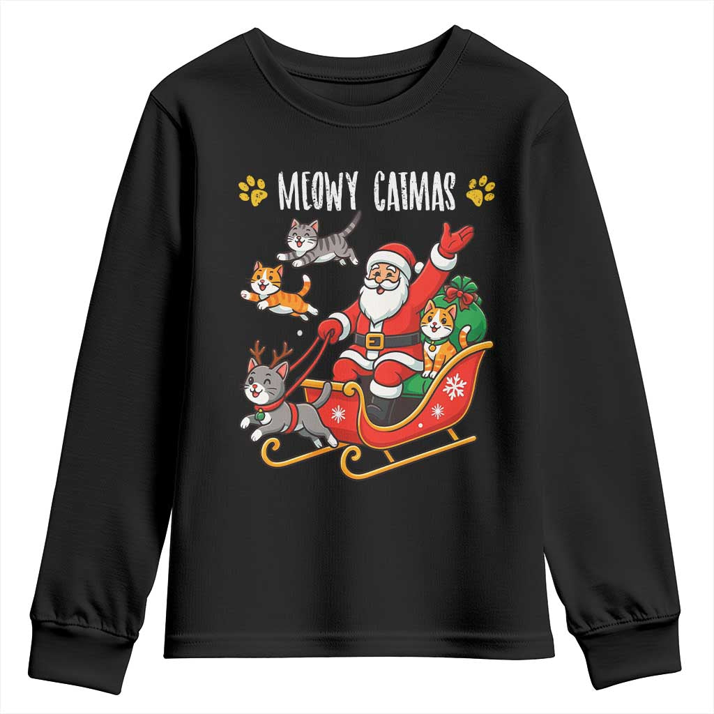 Funny Christmas Cat Youth Sweatshirt Meowy Catmas Santa Sleigh Xmas TS12 Black Print Your Wear