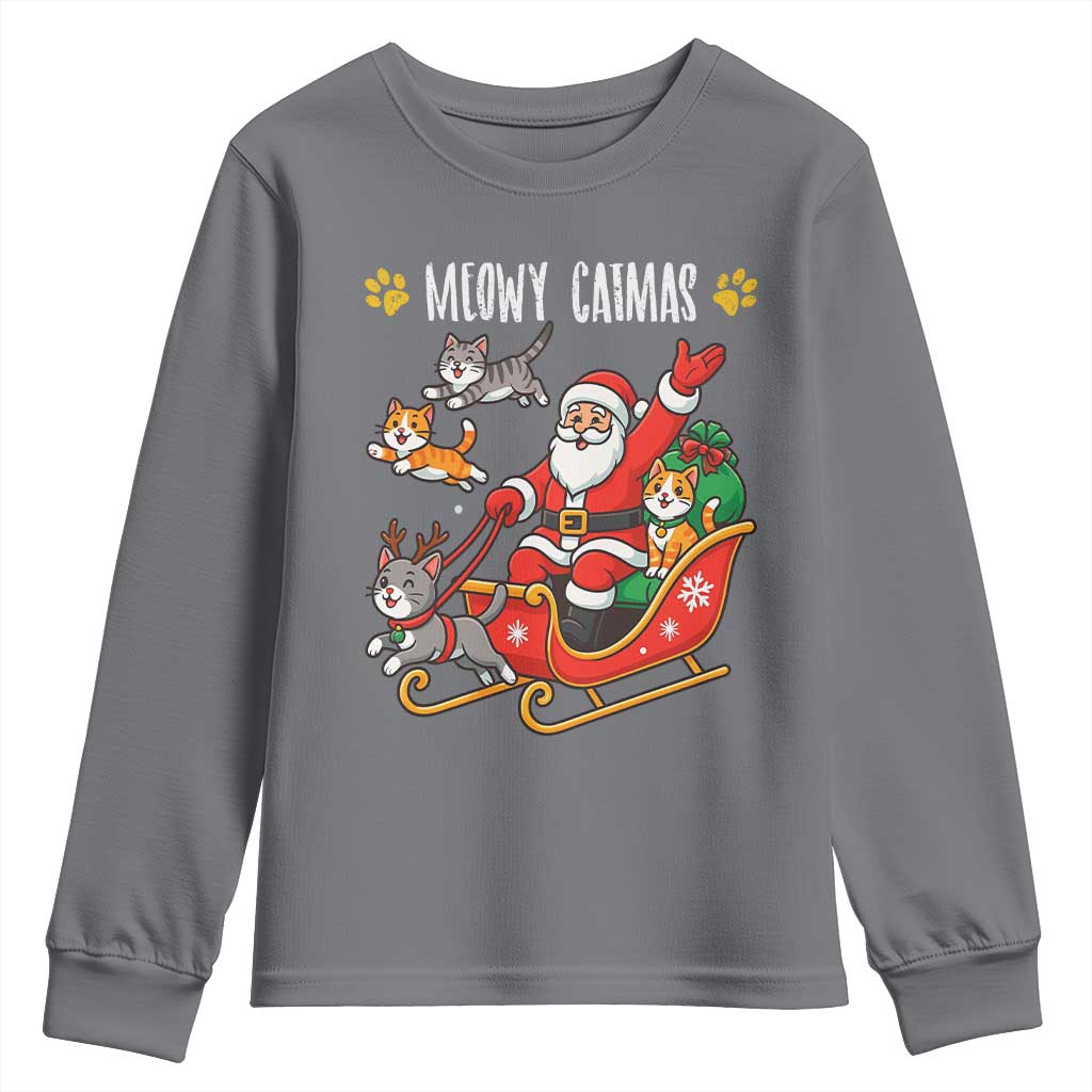 Funny Christmas Cat Youth Sweatshirt Meowy Catmas Santa Sleigh Xmas TS12 Charcoal Print Your Wear