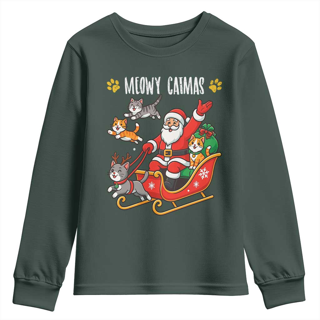 Funny Christmas Cat Youth Sweatshirt Meowy Catmas Santa Sleigh Xmas TS12 Dark Forest Green Print Your Wear