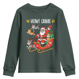 Funny Christmas Cat Youth Sweatshirt Meowy Catmas Santa Sleigh Xmas TS12 Dark Forest Green Print Your Wear