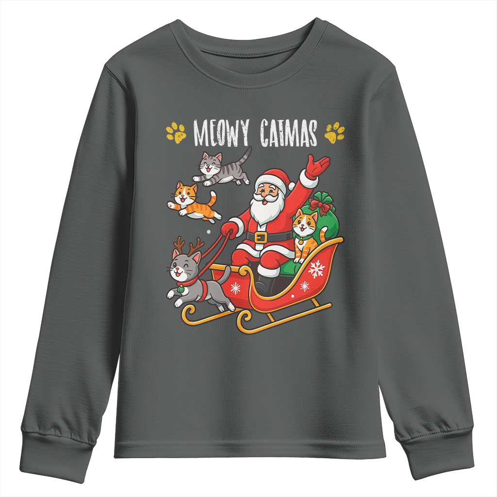Funny Christmas Cat Youth Sweatshirt Meowy Catmas Santa Sleigh Xmas TS12 Dark Heather Print Your Wear