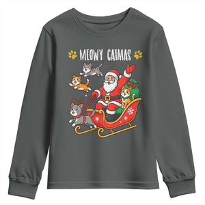 Funny Christmas Cat Youth Sweatshirt Meowy Catmas Santa Sleigh Xmas TS12 Dark Heather Print Your Wear