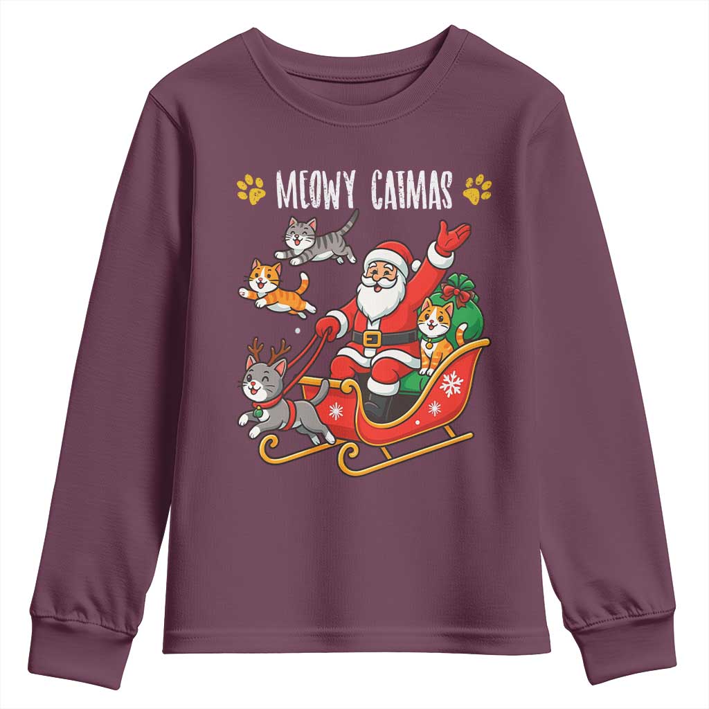 Funny Christmas Cat Youth Sweatshirt Meowy Catmas Santa Sleigh Xmas TS12 Maroon Print Your Wear