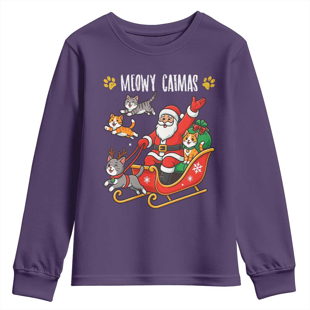 Funny Christmas Cat Youth Sweatshirt Meowy Catmas Santa Sleigh Xmas TS12 Purple Print Your Wear
