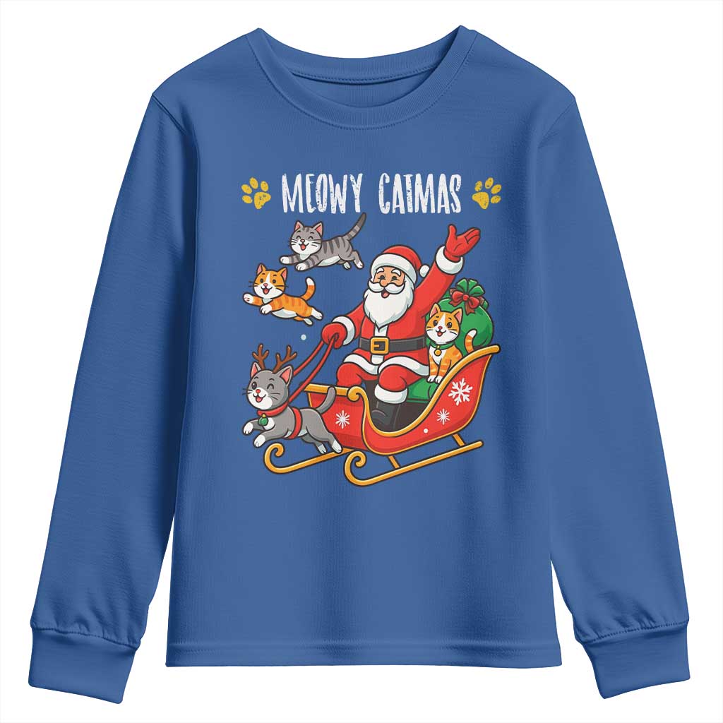 Funny Christmas Cat Youth Sweatshirt Meowy Catmas Santa Sleigh Xmas TS12 Royal Blue Print Your Wear