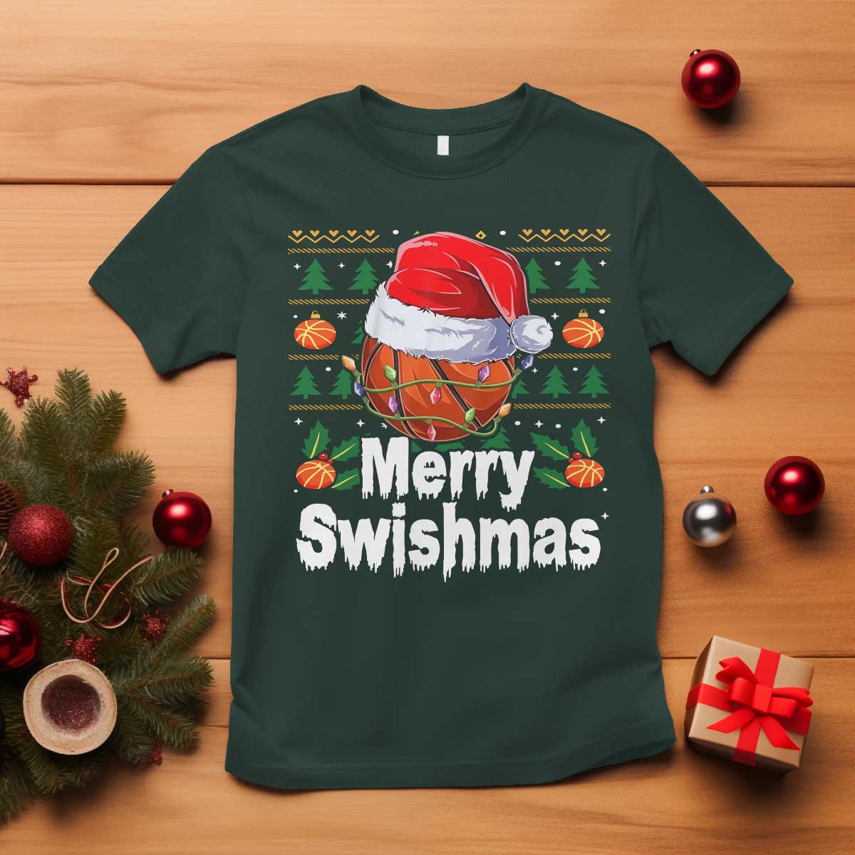 Basketball Christmas T Shirt Funny Merry Swishmas Sports TS12 Dark Forest Green Print Your Wear