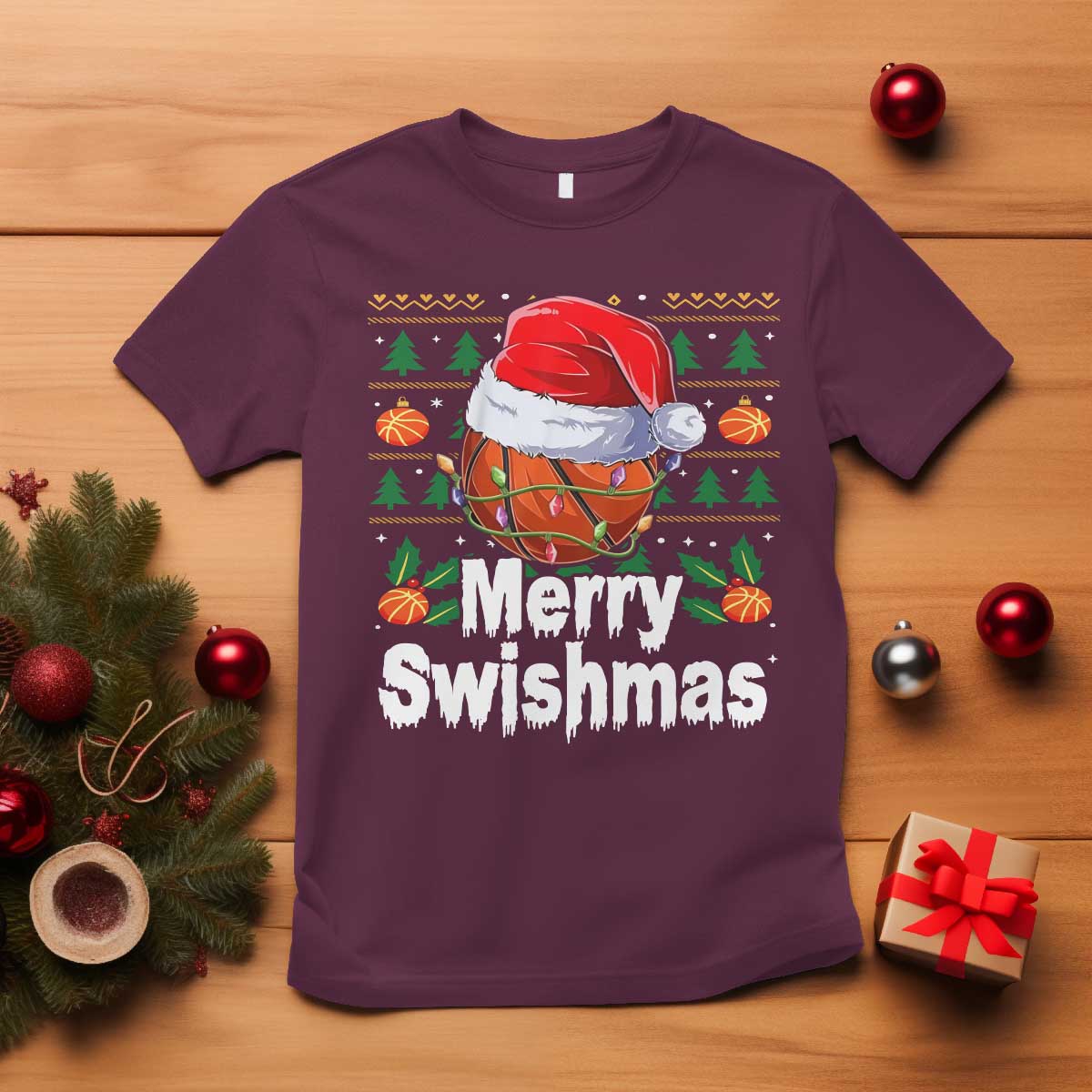 Basketball Christmas T Shirt Funny Merry Swishmas Sports TS12 Maroon Print Your Wear