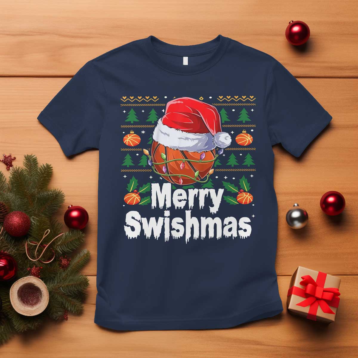 Basketball Christmas T Shirt Funny Merry Swishmas Sports TS12 Navy Print Your Wear
