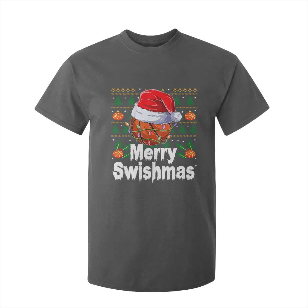 Basketball Christmas T Shirt For Kid Funny Merry Swishmas Sports TS12 Dark Heather Print Your Wear