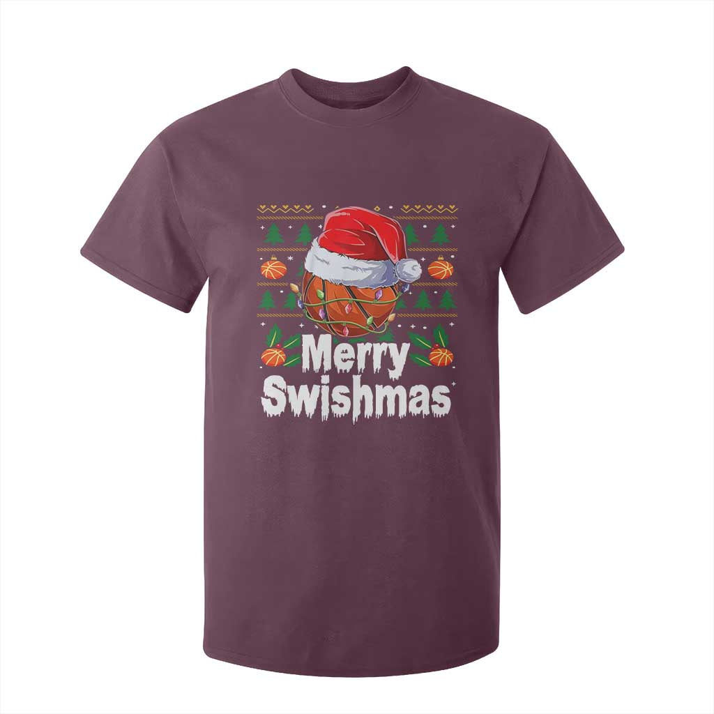 Basketball Christmas T Shirt For Kid Funny Merry Swishmas Sports TS12 Maroon Print Your Wear