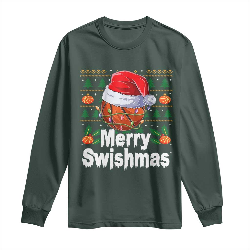 Basketball Christmas Long Sleeve Shirt Funny Merry Swishmas Sports TS12 Dark Forest Green Print Your Wear